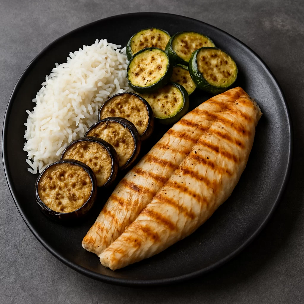 File grgeča na žaru sa basmati rižom , tikvicama i patliđanom sa žara - NutriBox File grgeča na žaru sa basmati rižom , tikvicama i patliđanom sa žara