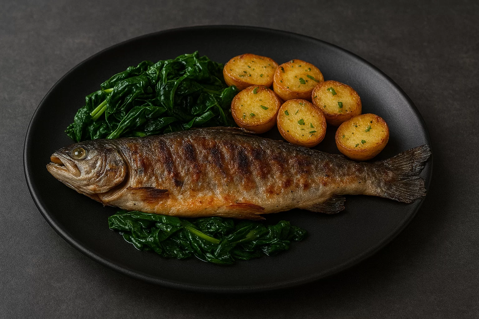 Pastrva sa žara sa dalmatinskom garniturom na mas.ulju i češnjaku - NutriBox Pastrva sa žara sa dalmatinskom garniturom na mas.ulju i češnjaku
