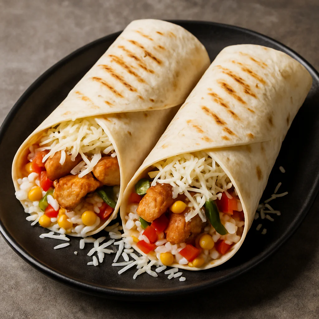 Pileći buritto – piletina file,ribani sir,crveni grah,kukuruz,svj.rajčica,svježa paprika,riža - NutriBox Pileći buritto – piletina file,ribani sir,crveni grah,kukuruz,svj.rajčica,svježa paprika,riža