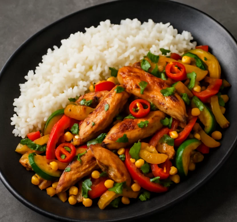 Piletina na meksički način iz tavice sa svježim povrćem – kuhana chilli riža - NutriBox Piletina na meksički način iz tavice sa svježim povrćem - kuhana chilli riža