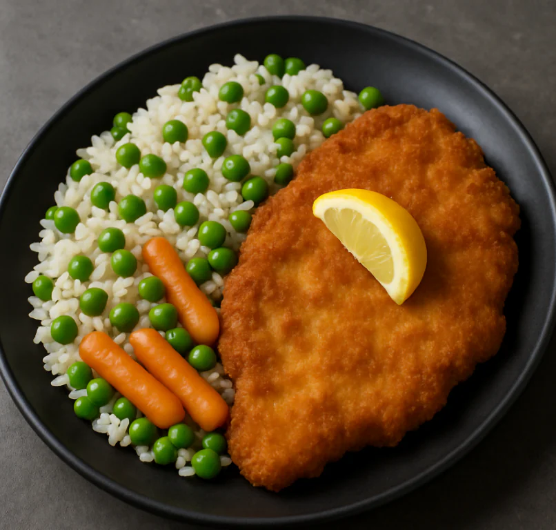 Pohani pileći bečki odrezak – rizi bizi / kroketi / pečeni krumpir - NutriBox Pohani pileći bečki odrezak – rizi bizi / kroketi / pečeni krumpir