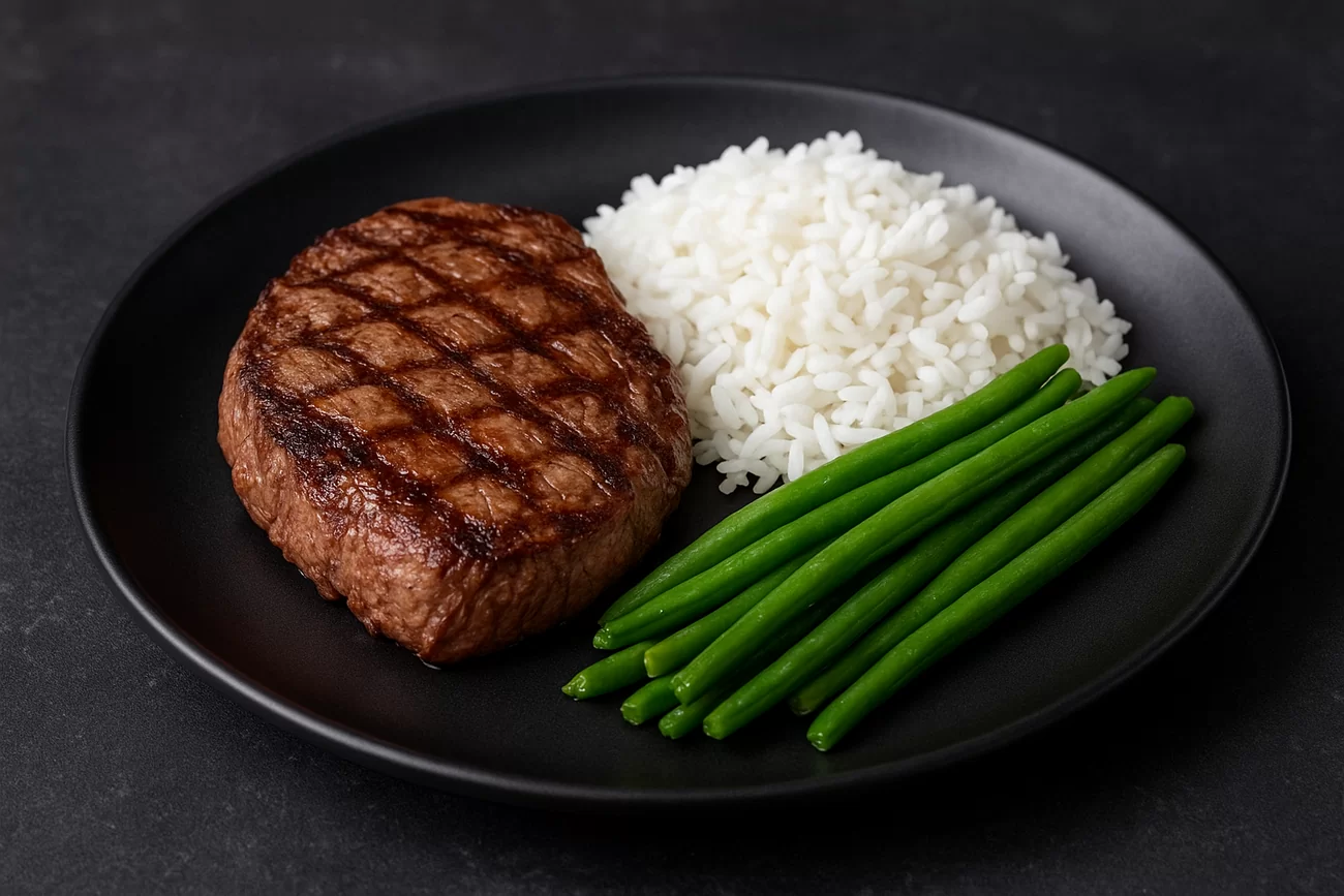 Stirloin steak sa rižom i zelenim mahunama