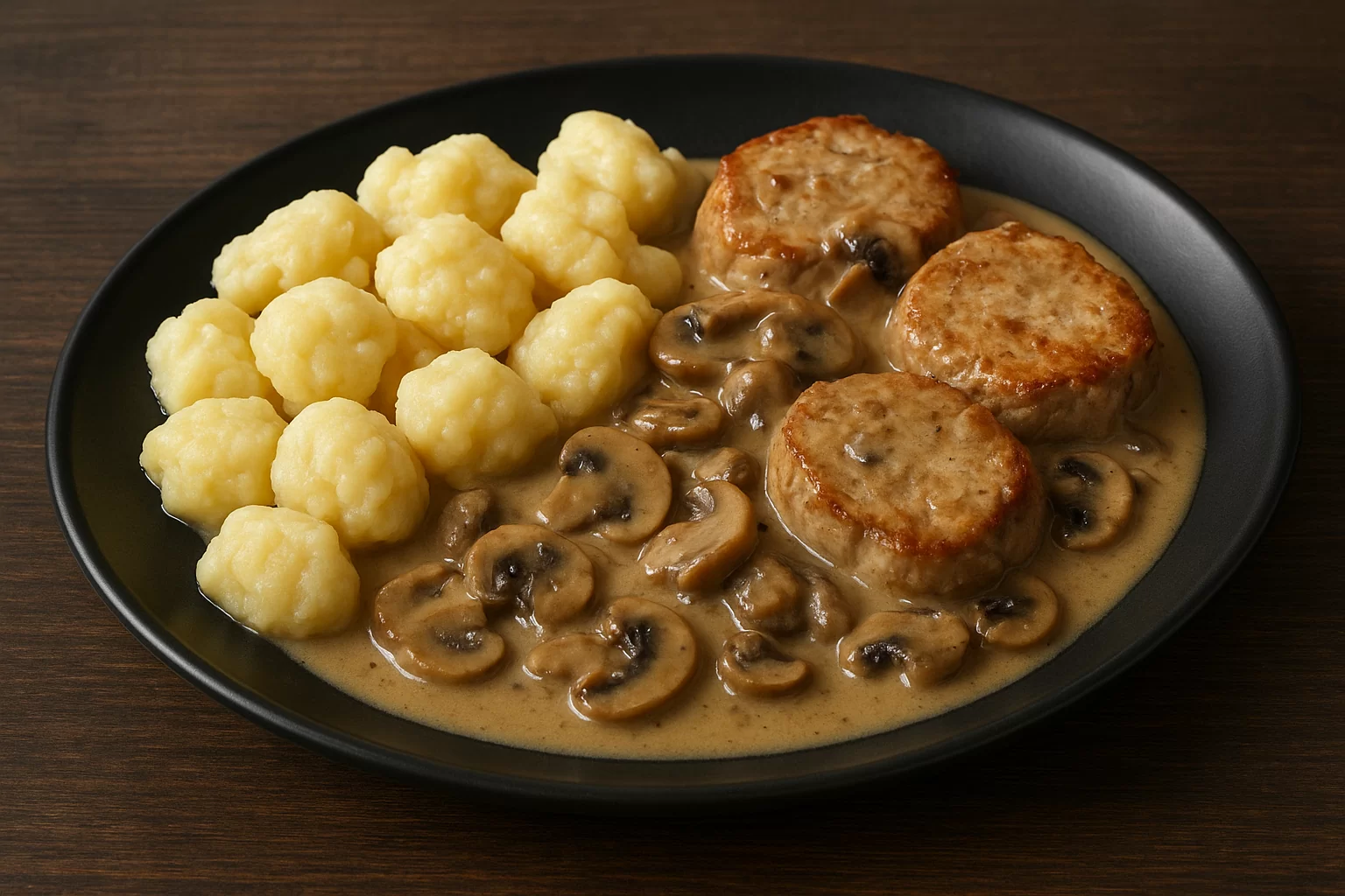 Sv.medaljoni od lungića u šampinjon umaku – kuhani domaći valjušci / kroketi - NutriBox Sv.medaljoni od lungića u šampinjon umaku - kuhani domaći valjušci / kroketi