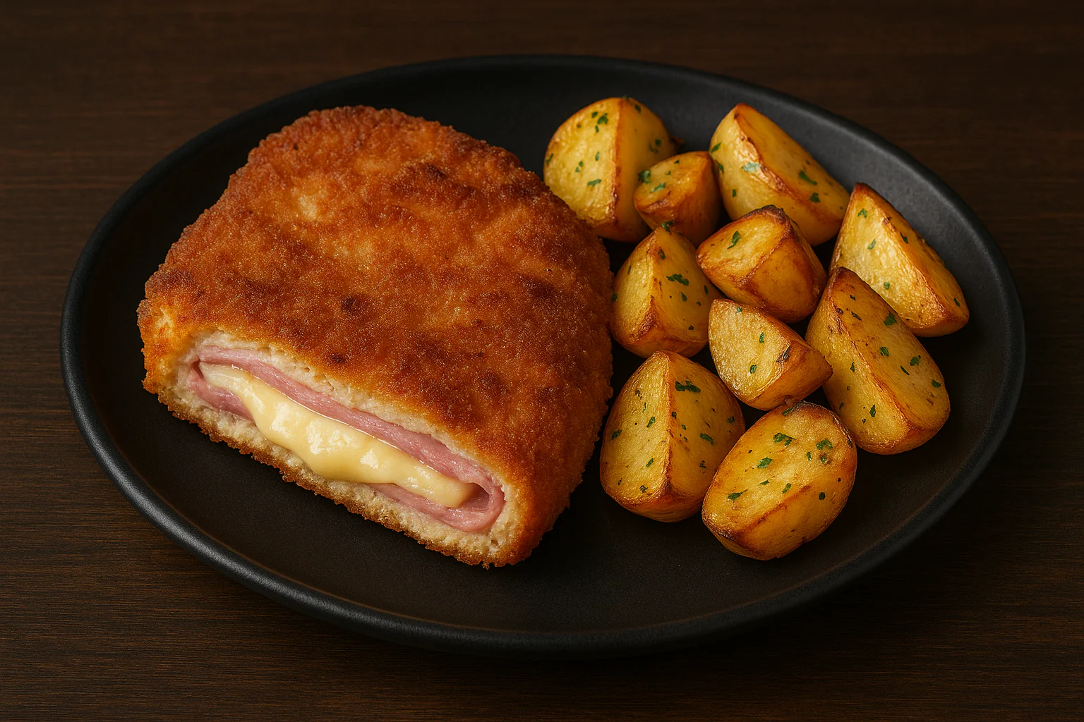 Zagrebački odrezak punjen šunkom i sirom – pečeni krumpir, kečap - NutriBox Zagrebački odrezak punjen šunkom i sirom – pečeni krumpir, kečap