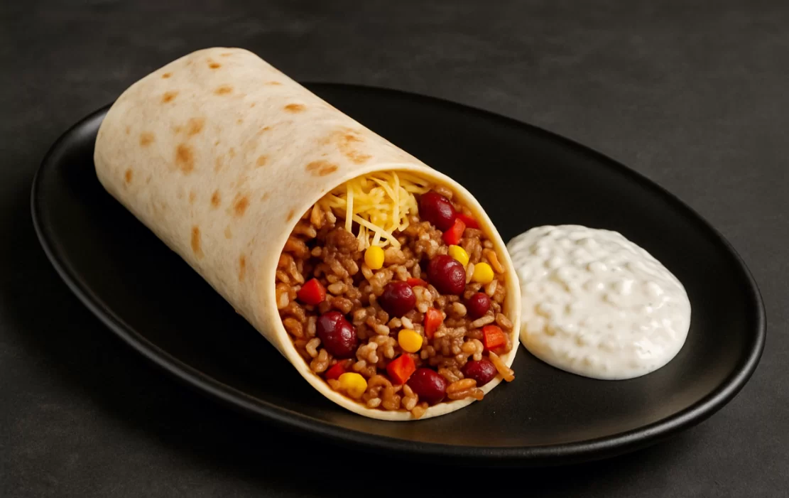 Juneća tortilja ( ramstek mljeveni ,povrće,riža,sir ribani,chilli grah ) domaći umak od luka i vrhnja - NutriBox Juneća tortilja ( ramstek mljeveni ,povrće,riža,sir ribani,chilli grah ) domaći umak od luka i vrhnja