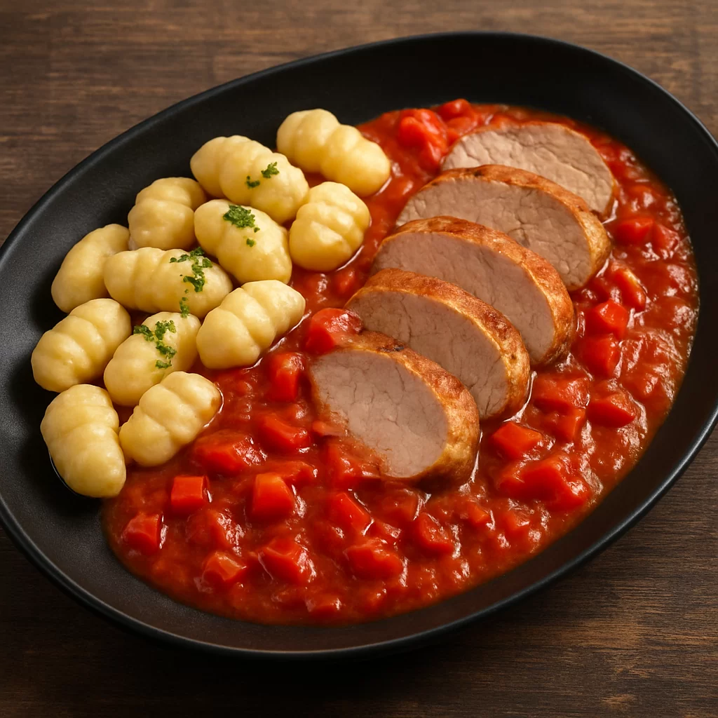 Lungić sa žara u umaku od svježe paprike i rajčice sa domaćim njokima - NutriBox Lungić sa žara u umaku od svježe paprike i rajčice sa domaćim njokima